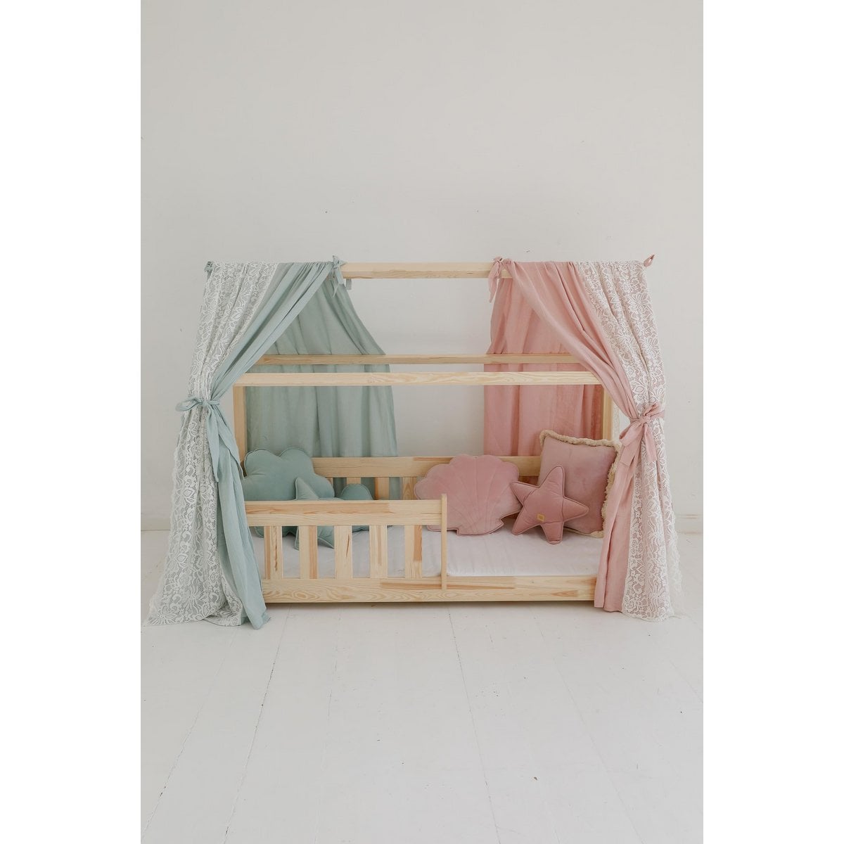Moi Mili Mousseline Boho Luifel met kant boven het bed, Huisbedtent voor kinderkamer - Gordijnen voor montessoribed - Peuterbedhemel, mint decor foto 5