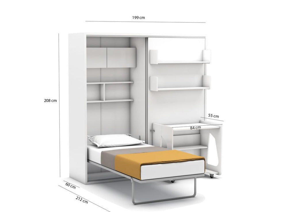 Bedkast maat 90 x 190, verticaal, met kledingkast, boekenkast en bureau