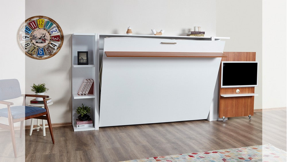 Opklapbed maat 140 x 190, horizontaal, kleur wit, met bureau