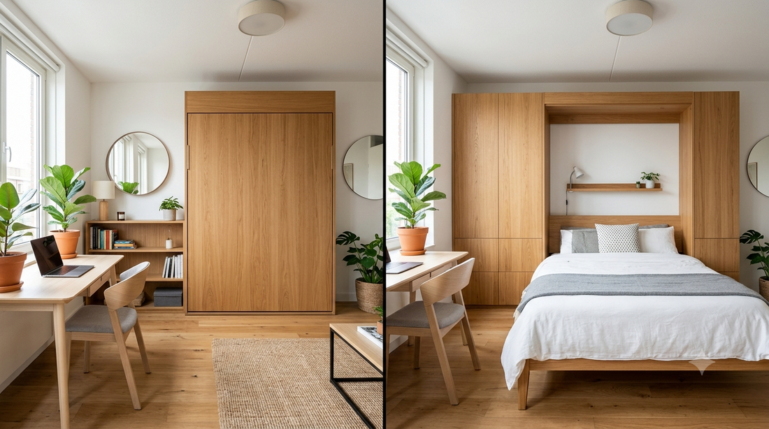 Opklapbed voor en na: werkkamer overdag, slaapkamer 's avonds