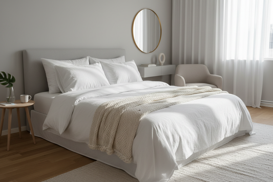 Luxe slaapkamer met wit linnen beddengoed en zachte ochtendlichtinval