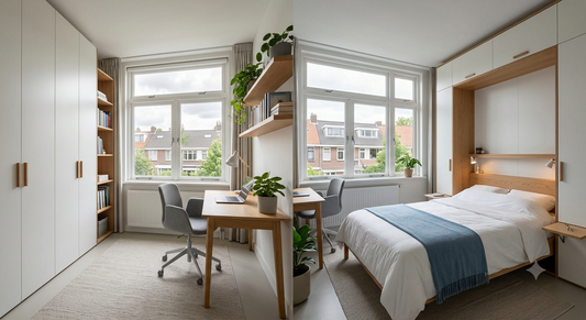Logeerkamer met opklapbed: overdag thuiswerkplek, 's avonds slaapkamer