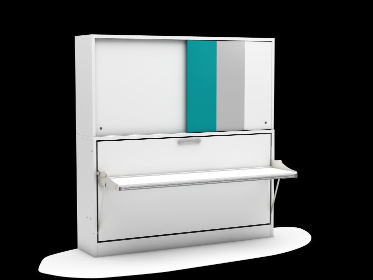 Bedkast met bureau en kast, maat 90 x 190, horizontaal, kleur wit