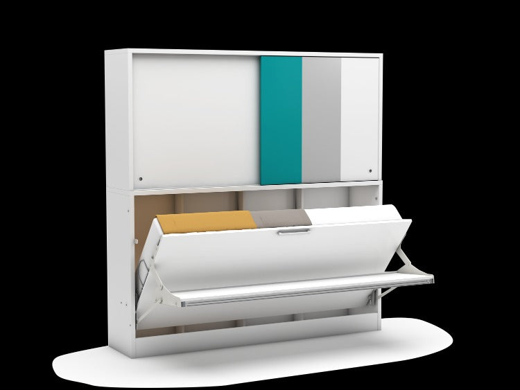 Bedkast met bureau en kast, maat 90 x 190, horizontaal, kleur wit
