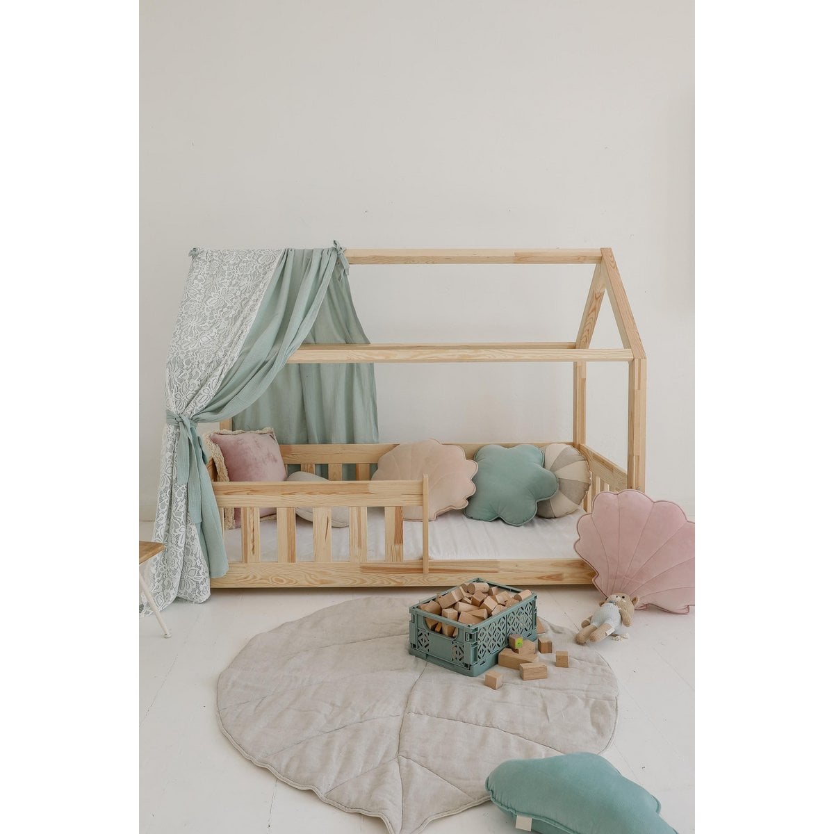 Moi Mili Mousseline Boho Luifel met kant boven het bed, Huisbedtent voor kinderkamer - Gordijnen voor montessoribed - Peuterbedhemel, mint decor