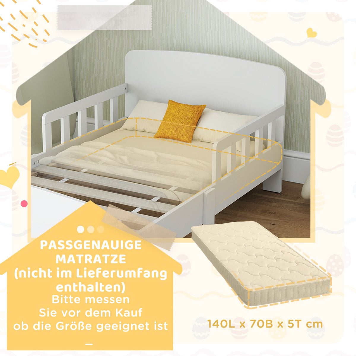 Aosom Peuterbed met veiligheidsrails, peuterbed voor kinderen van 3-8 jaar, MDF, wit foto 5