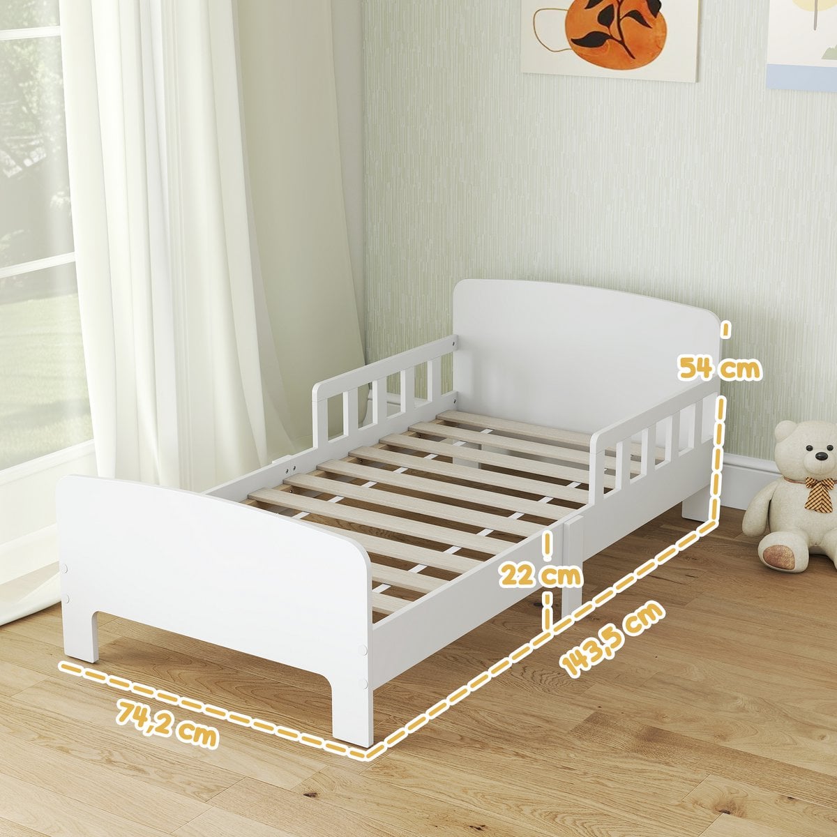 Aosom Peuterbed met veiligheidsrails, peuterbed voor kinderen van 3-8 jaar, MDF, wit foto 2