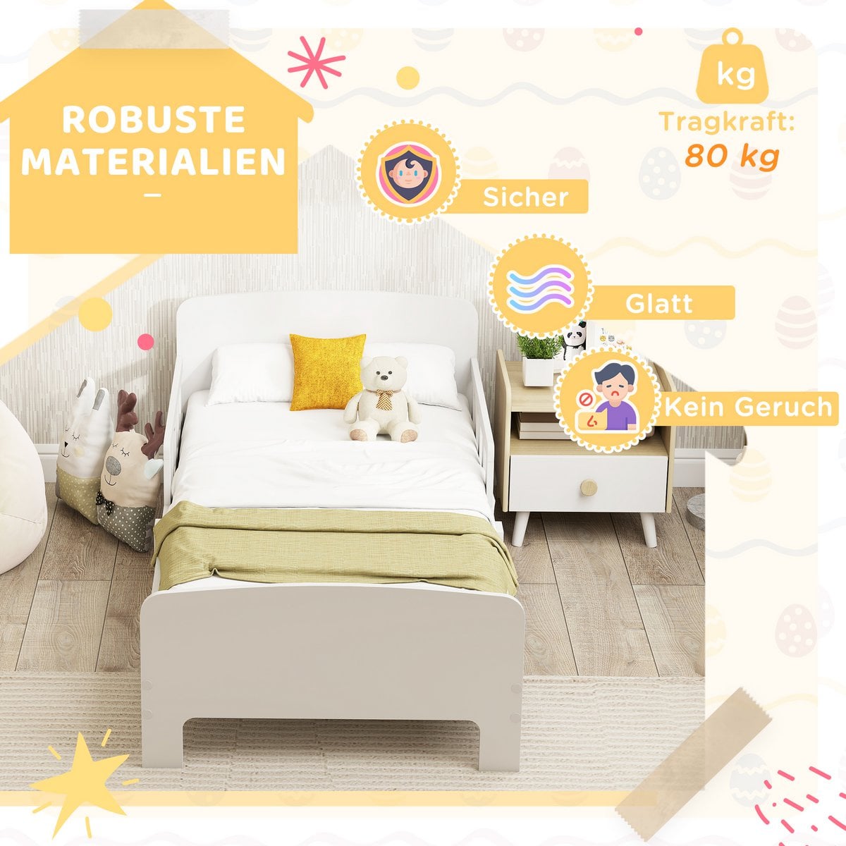 Aosom Peuterbed met veiligheidsrails, peuterbed voor kinderen van 3-8 jaar, MDF, wit foto 4