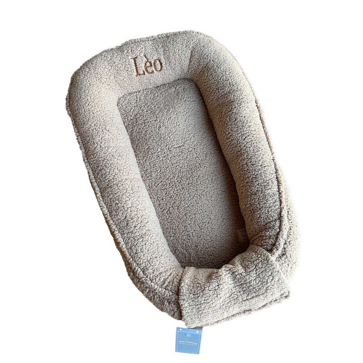 Muzpony Teddy – beige gepersonaliseerd babynest, bontcocon met naam/inscriptie foto 5