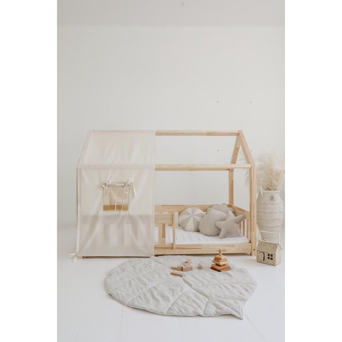 Moi Mili Luifel boven bed in de vorm van een huis "Rauw katoen", babywieghuis, decoratie voor jongenskamer, minimalistische babykamer, boho kamerdecor foto 2