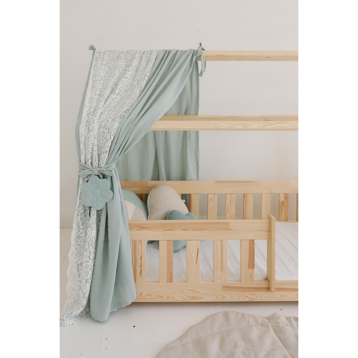 Moi Mili Mousseline Boho Luifel met kant boven het bed, Huisbedtent voor kinderkamer - Gordijnen voor montessoribed - Peuterbedhemel, mint decor foto 2
