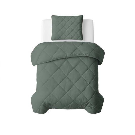 Lazy Dekbed Uni Grijs/Groen Met Kussenslopen
