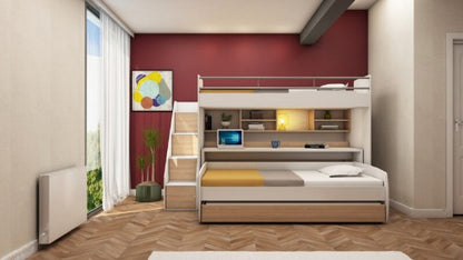 Stapelbed met 3 slaapplaatsen, bureau en ladder