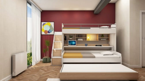Stapelbed met 3 slaapplaatsen, bureau en ladder