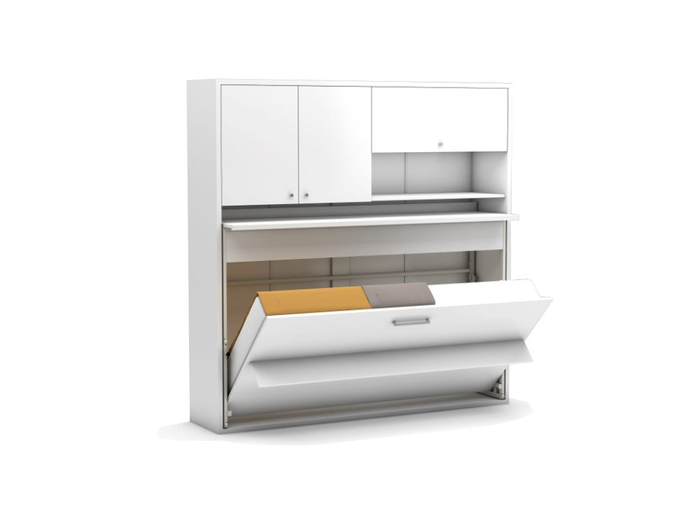 Opklapbed maat 90 x 190, horizontaal, met bureau en bovenkasten