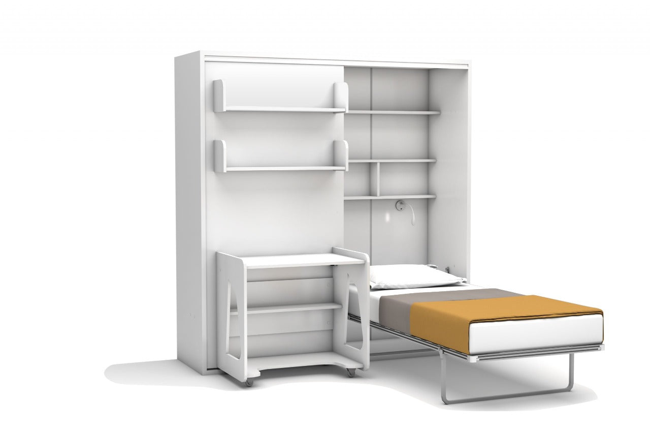 Bedkast maat 90 x 190, verticaal, met kledingkast, boekenkast en bureau