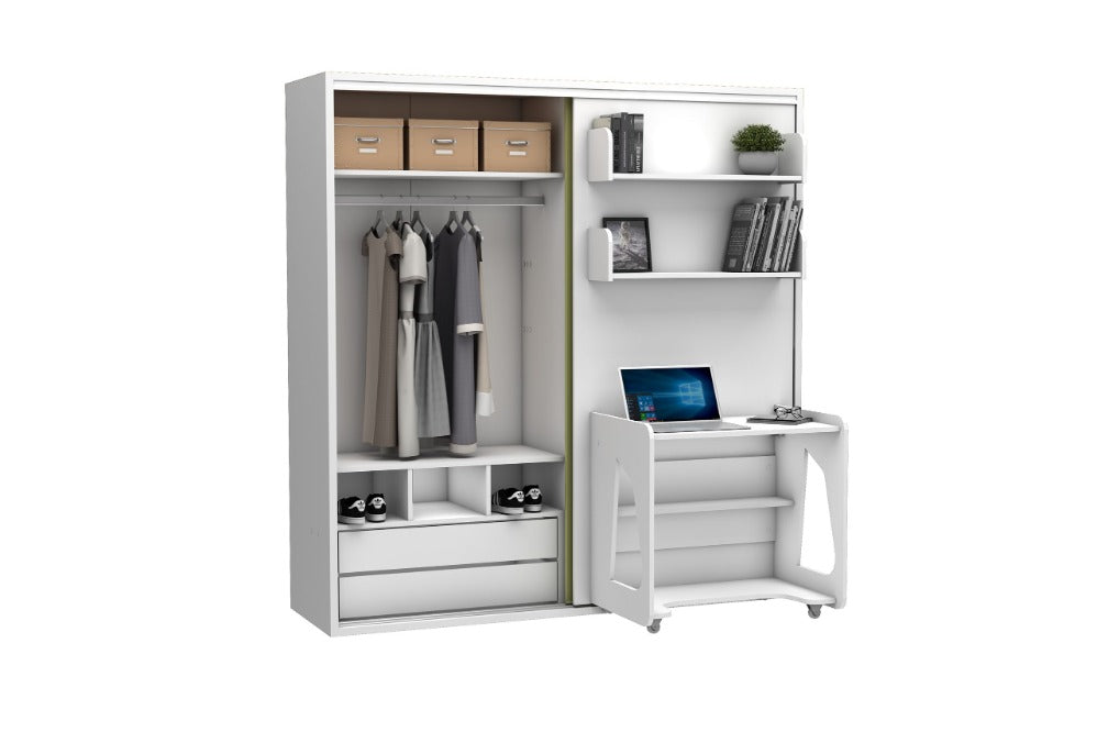 Bedkast maat 90 x 190, verticaal, met kledingkast, boekenkast en bureau