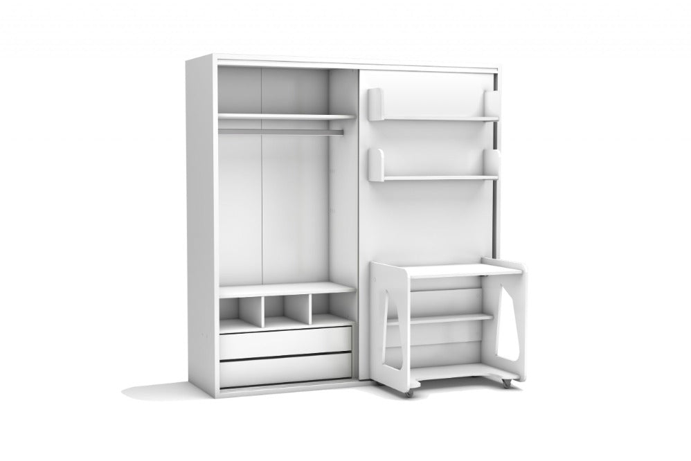 Bedkast maat 90 x 190, verticaal, met kledingkast, boekenkast en bureau