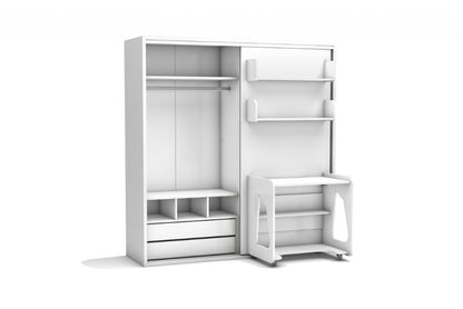 Bedkast maat 90 x 190, verticaal, met kledingkast, boekenkast en bureau