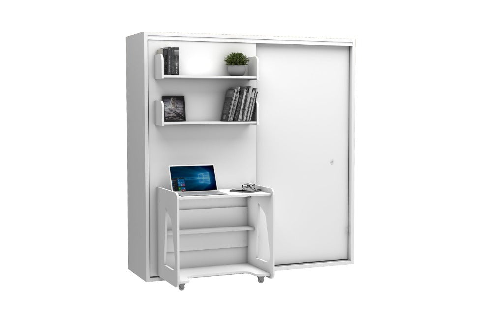 Bedkast maat 90 x 190, verticaal, met kledingkast, boekenkast en bureau