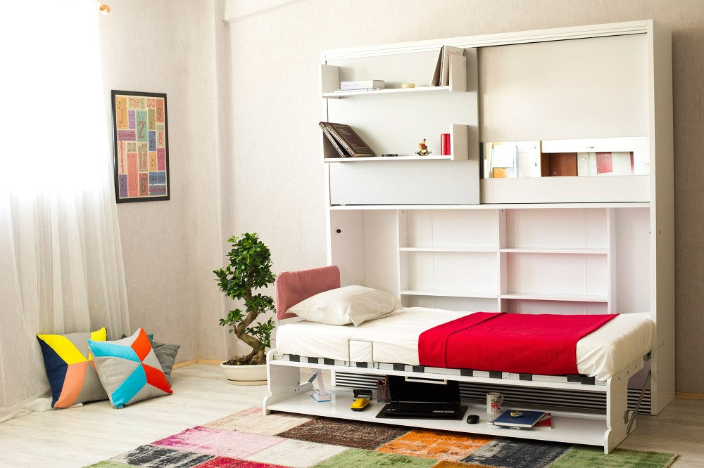 Opklapbed met bureau en kast, maat 90 x 190, horizontaal, kleur wit