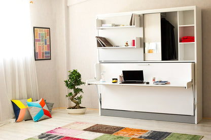 Opklapbed met bureau en kast, maat 90 x 190, horizontaal, kleur wit