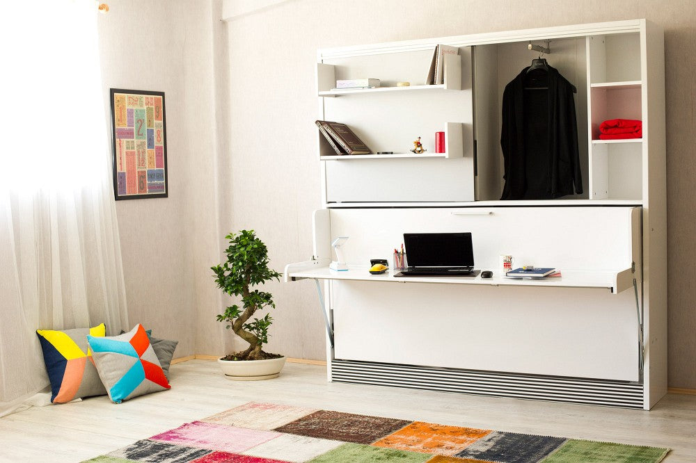 Opklapbed met bureau en kast, maat 90 x 190, horizontaal, kleur wit