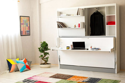 Opklapbed met bureau en kast, maat 90 x 190, horizontaal, kleur wit