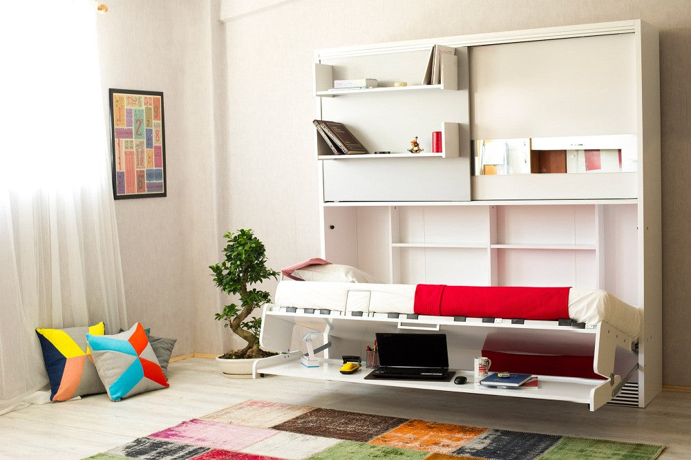 Opklapbed met bureau en kast, maat 90 x 190, horizontaal, kleur wit