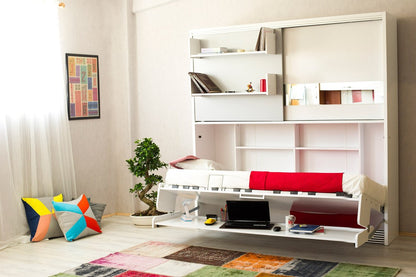 Opklapbed met bureau en kast, maat 90 x 190, horizontaal, kleur wit