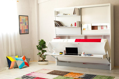 Opklapbed met bureau en kast, maat 90 x 190, horizontaal, kleur wit