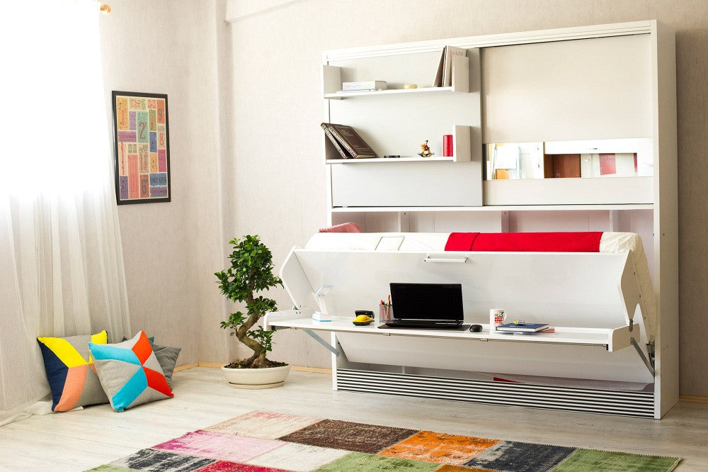 Opklapbed met bureau en kast, maat 90 x 190, horizontaal, kleur wit