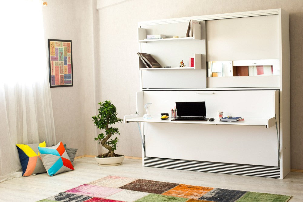 Opklapbed met bureau en kast, maat 90 x 190, horizontaal, kleur wit