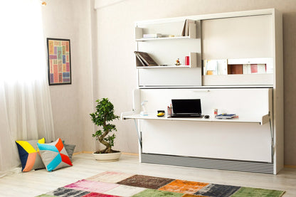 Opklapbed met bureau en kast, maat 90 x 190, horizontaal, kleur wit