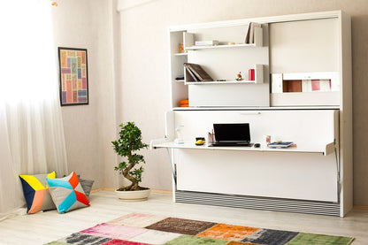 Opklapbed met bureau en kast, maat 90 x 190, horizontaal, kleur wit