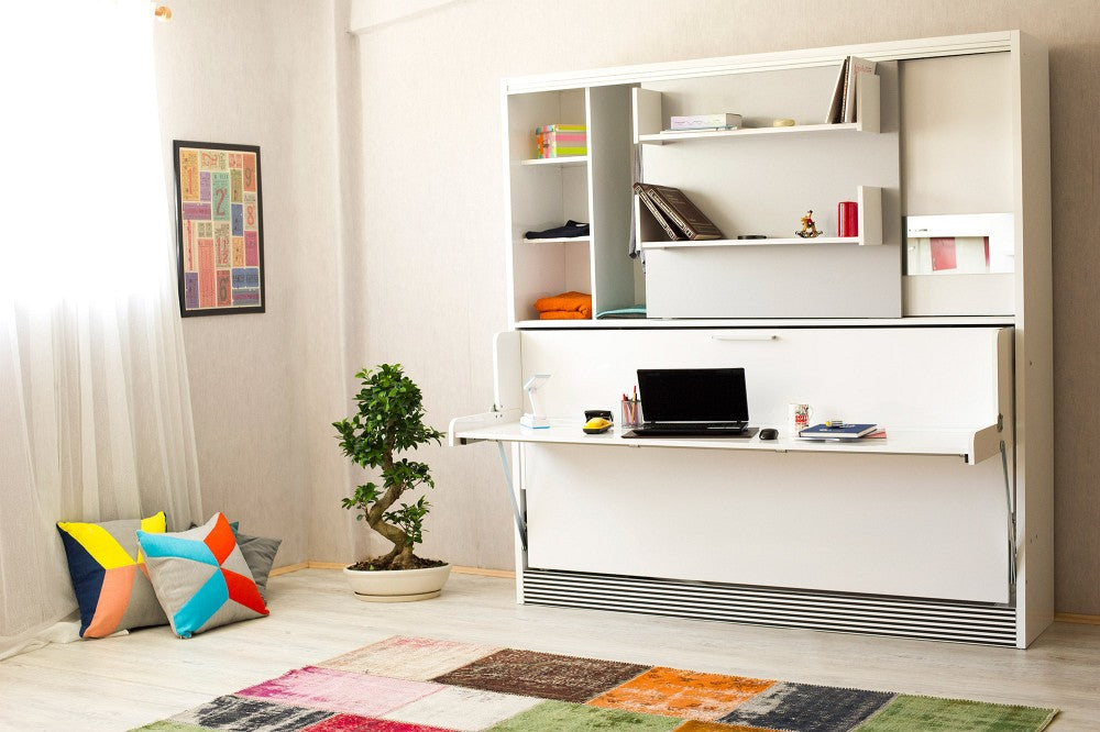 Opklapbed met bureau en kast, maat 90 x 190, horizontaal, kleur wit