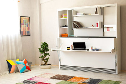 Opklapbed met bureau en kast, maat 90 x 190, horizontaal, kleur wit