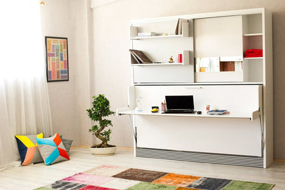 Opklapbed met bureau en kast, maat 90 x 190, horizontaal, kleur wit