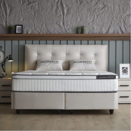 Skybedd Modebedd Beige boxspring met opbergruimte
